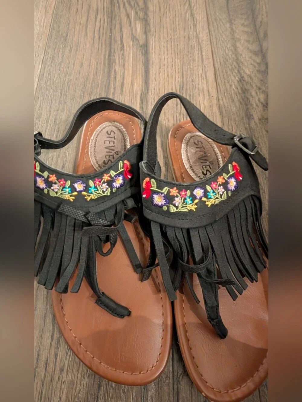 3/$16 Stevies Black Embroidered Floral Sandals with Buckle